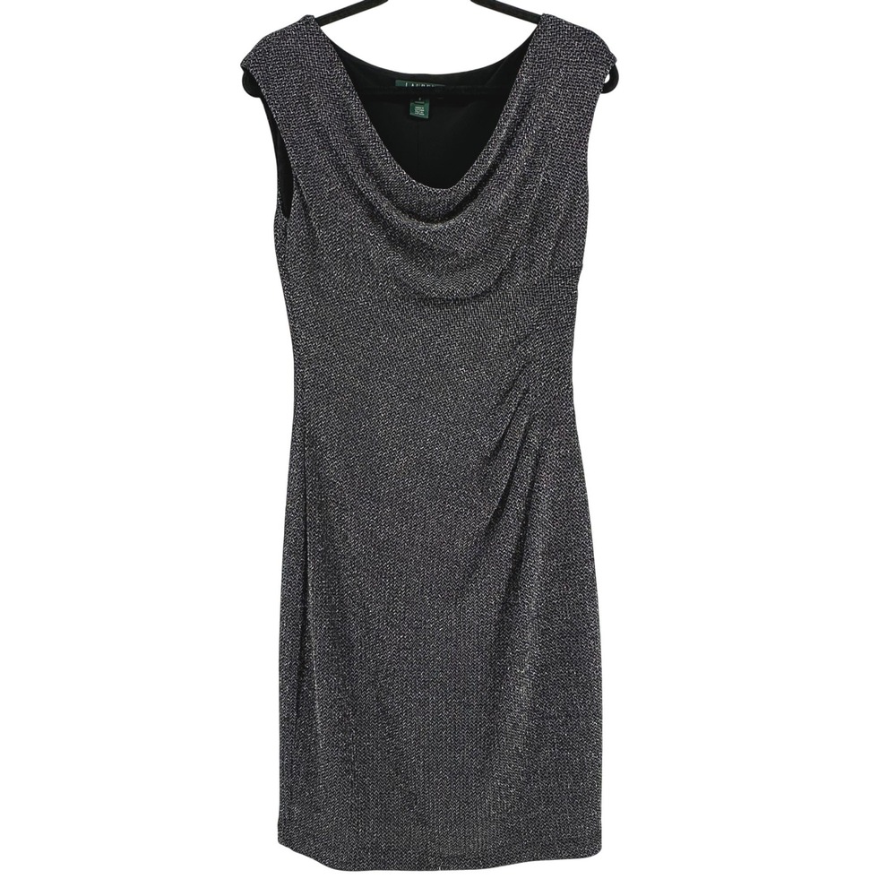 Lauren Ralph Lauren Sheath Dress Women 8 Black Silver Metallic Cowl Neck‎ Ruched